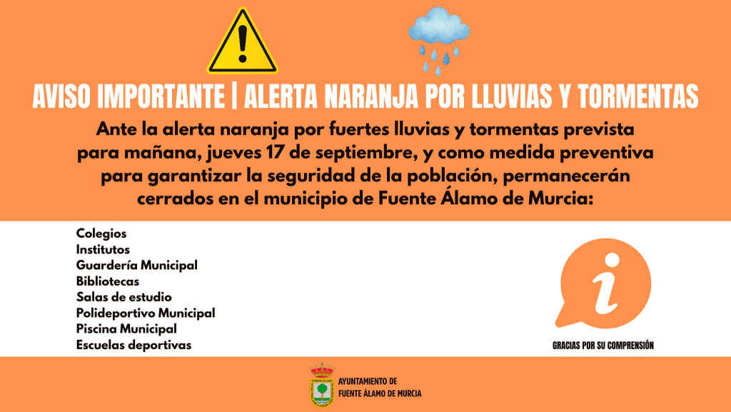 AVISO IMPORTANTE | ALERTA NARANJA POR LLUVIAS | CIERRE DE SERVICIOS